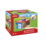 1TOY Goodok наб. аксессуаров для ж/д «Хелипорт»:дерев.станция-тоннель с вертолетной площадкой на крыше,с рельсами,вертолетом,кор.
