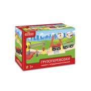 1TOY Goodok наб. ж/д базовый«Грузоперевозки»с дерев.грузовым локомотивом с вагоном с 4 груз.на магнитах,вращ.подъем.краном с магнитом,переездом с шлаг