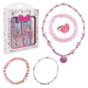 Lukky Fashion наб.украшений из полупрозрачн.бусин 3 браслета на ленточке,колечко,бусы с подвеской «Хрустальное сердце»,розовый,кор.