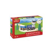 1TOY Goodok наб. ж/д базовый «В добрый путь!» с синим дерев.грузовым локомотивом с вагоном с 3 бревнами,16 дет.,кор.