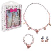 Lukky Fashion наб.украшений с жемчужинами и розовыми бабочками металл+цвет.эмаль:бусы,браслет,клипсы для ушей-4 предм.