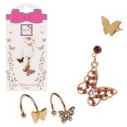 Lukky Fashion наб.из 3 асимметричн.сережек с подвеской Бабочка из розовых страз,золото,карта