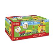 1TOY Goodok наб. аксессуаров для ж/д «Грузовой пункт»:дерев.вращ.подъемный кран с магнитом,дерев.поездом с 3вагонами и 5 грузами на магнитах,кор.